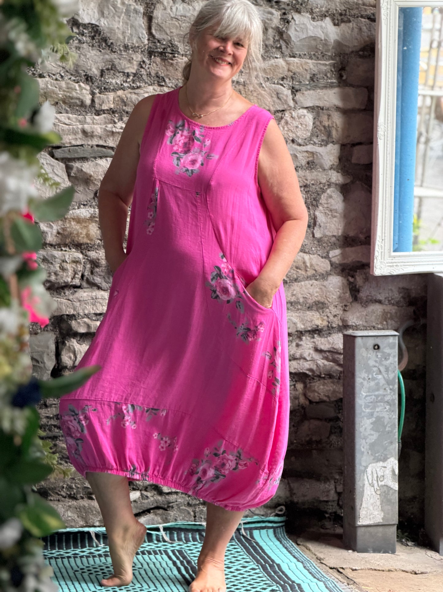 Lagenlook Pure Linen Floral Two pockets Dress One Size