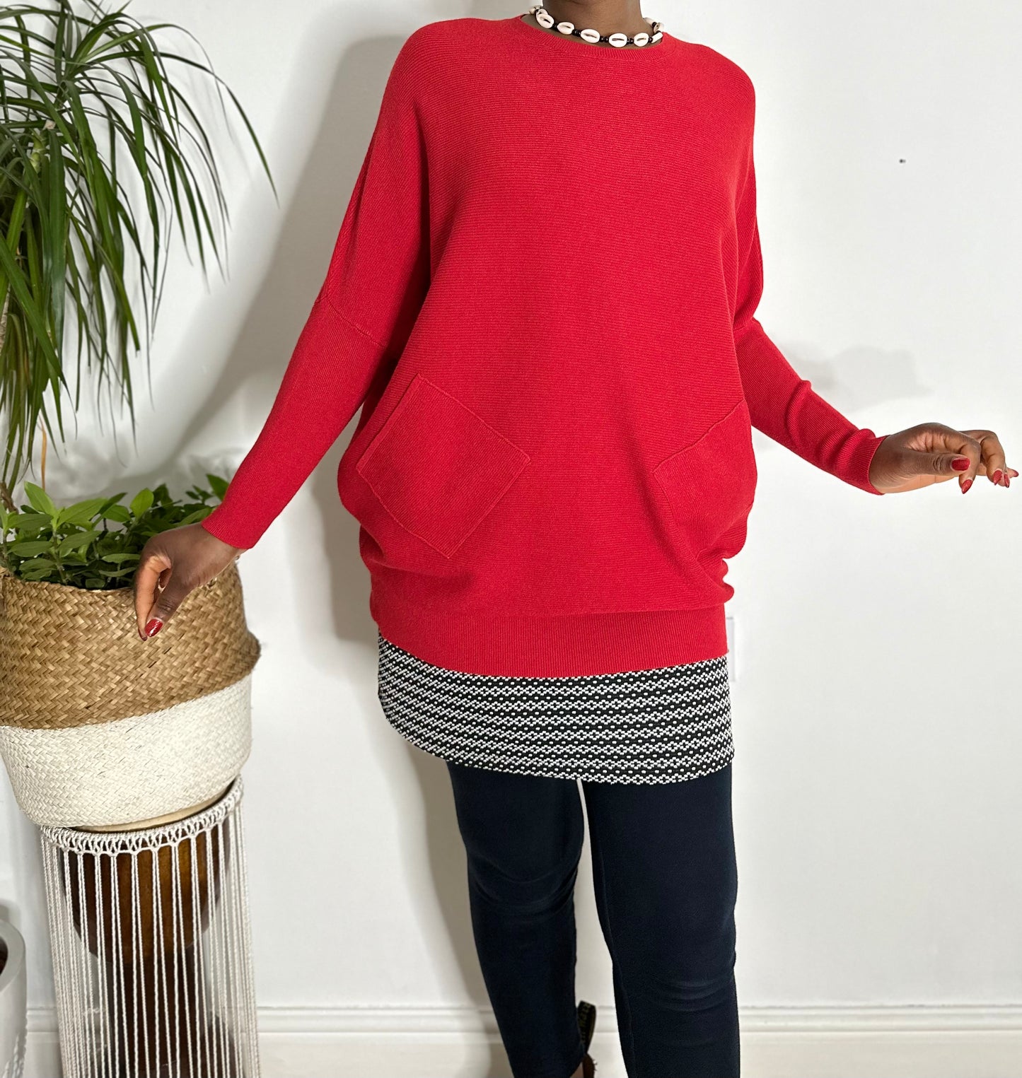 Two Pockets Red Cross Back Detail Batwing Jumper Size 10-20