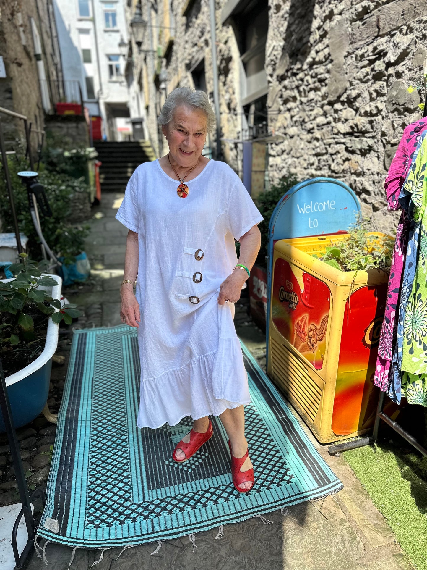 Pure Linen White Kento Dress With Slanted Pockets Dress Fits Size 10-18