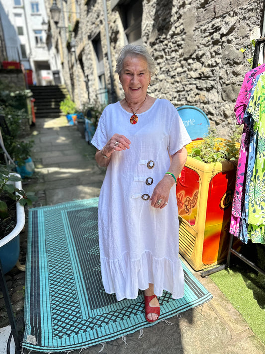 Pure Linen White Kento Dress With Slanted Pockets Dress Fits Size 10-18