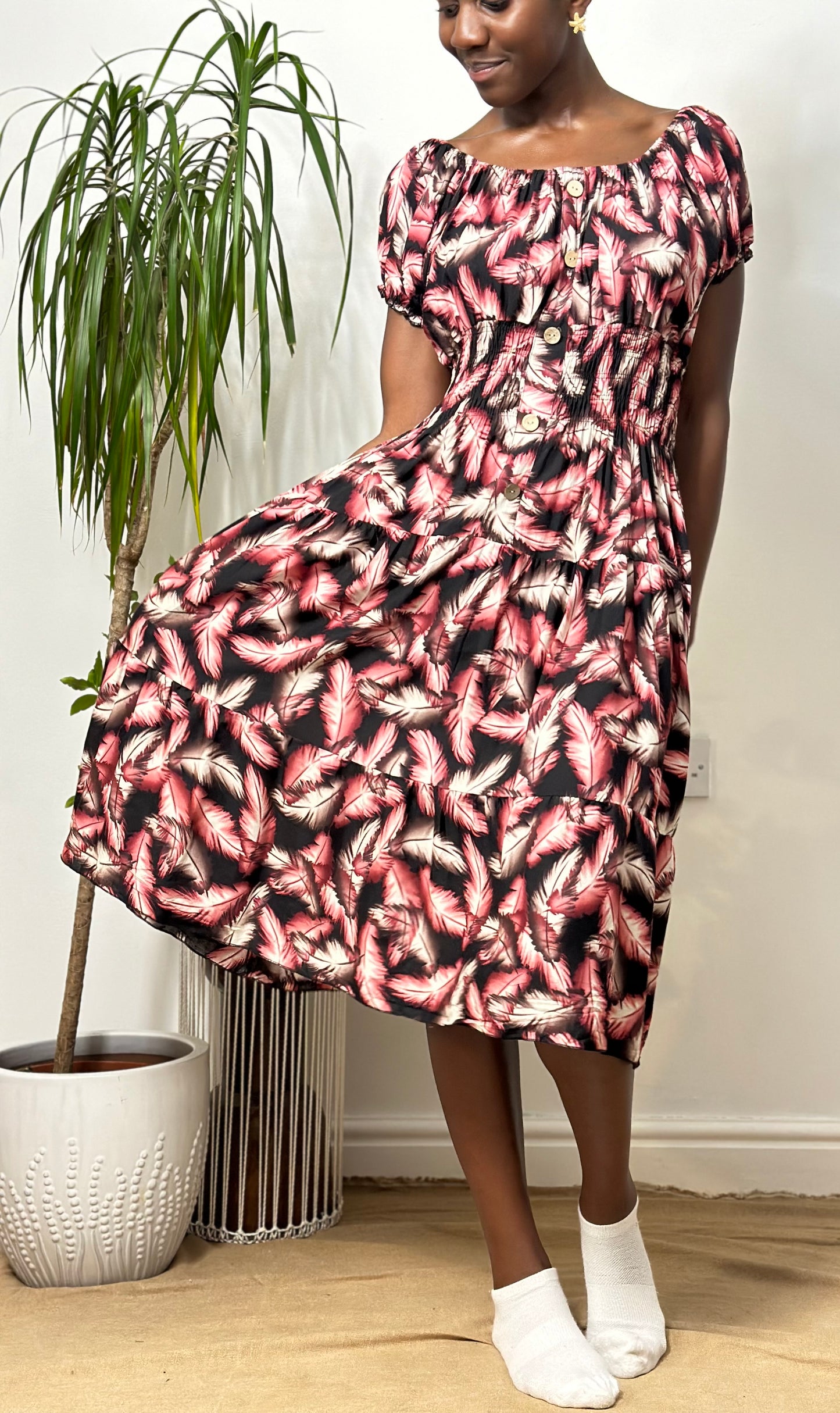 Feather Print Atta Dress In Midi Length Fits Size 8-20