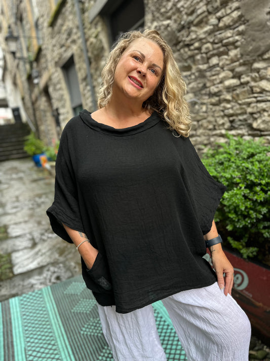 Linen and cotton Amoke Black Top Fits Size 14-24