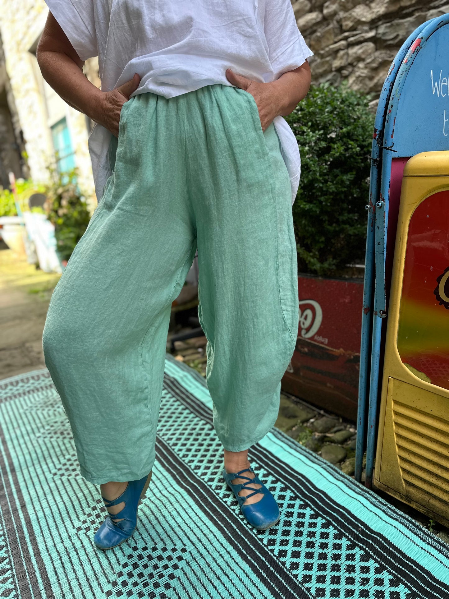 Pure Linen In Mint Green Kuiza Trousers Size 8-20