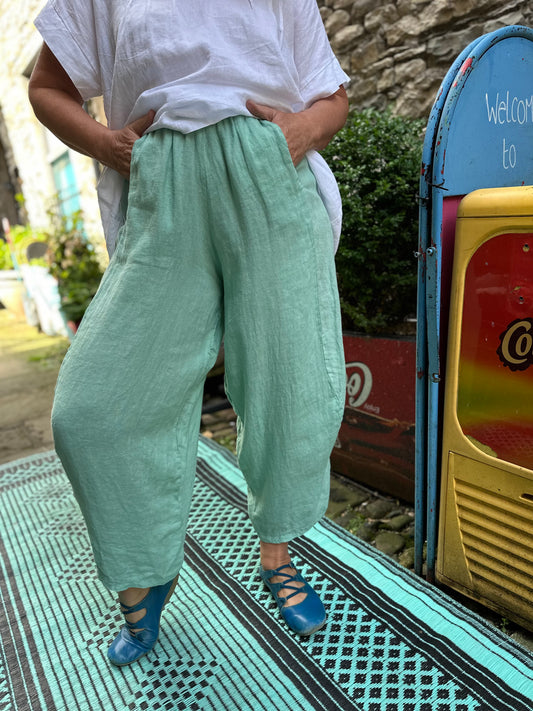 Pure Linen In Mint Green Kuiza Trousers Size 8-20