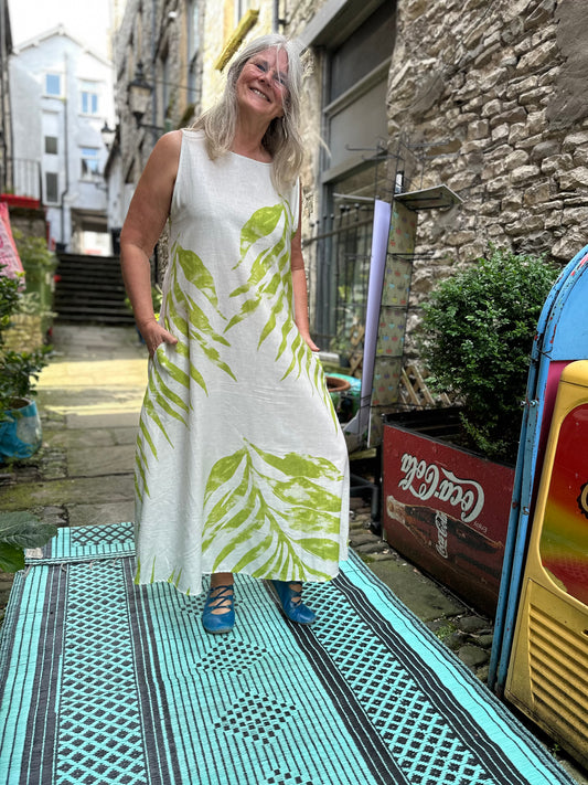 Linen Palm Print Lime Green Long Dress Fits Size 12-18