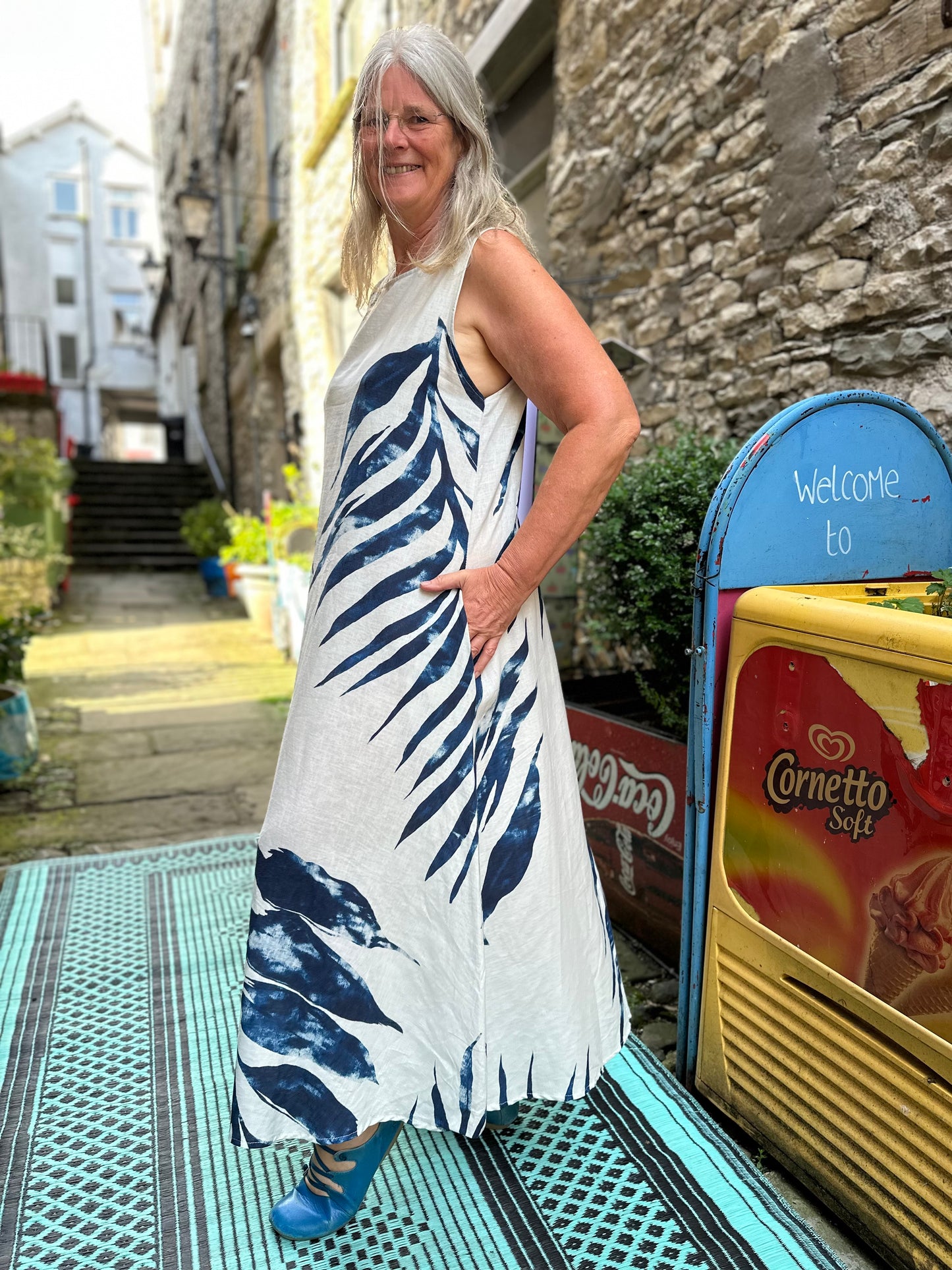 Linen Palm Print Long Dress Fits Size 12-18