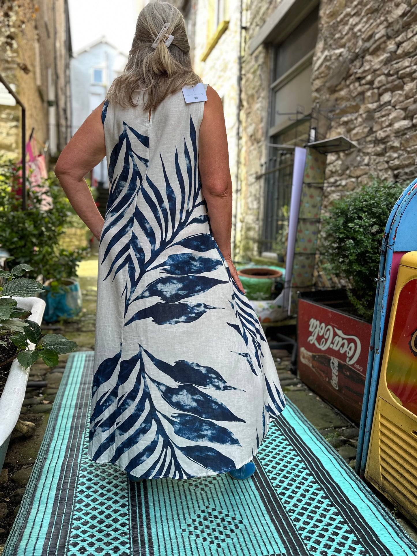 Linen Palm Print Long Dress Fits Size 12-18