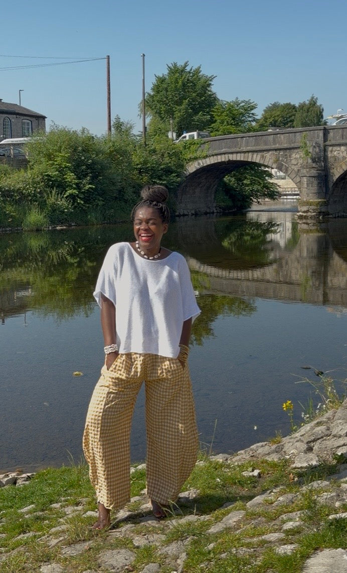 Tama Gingham Barrel Trousers In Mustard White One Size Fits Size 8-18
