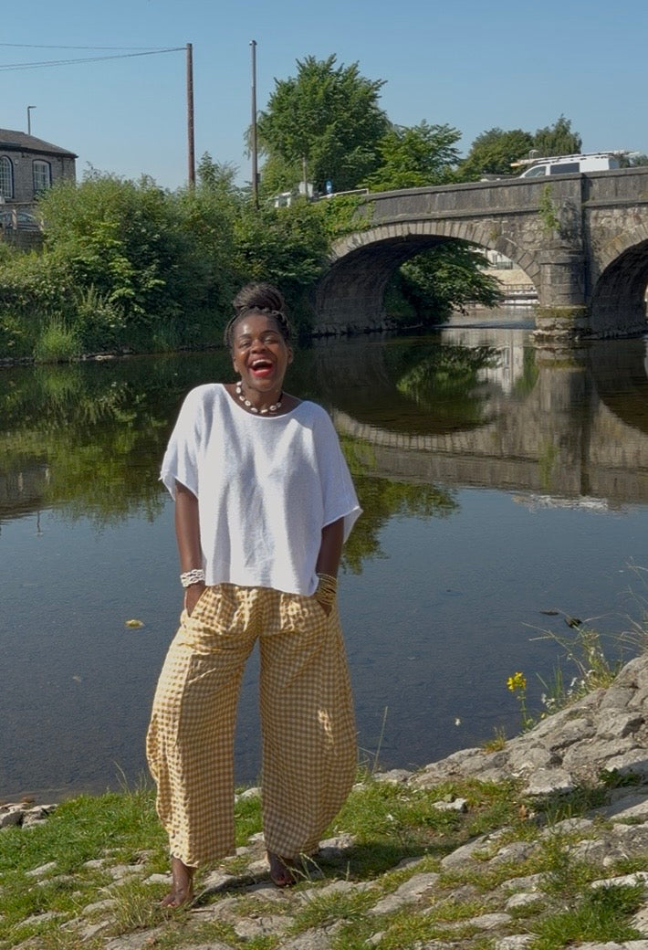 Tama Gingham Barrel Trousers In Mustard White One Size Fits Size 8-18