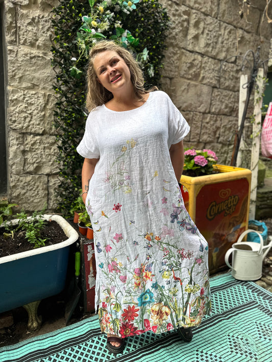 Pure Linen Amouka Long Floral Detail Dress with Slanted Pockets Fits Size 12-20