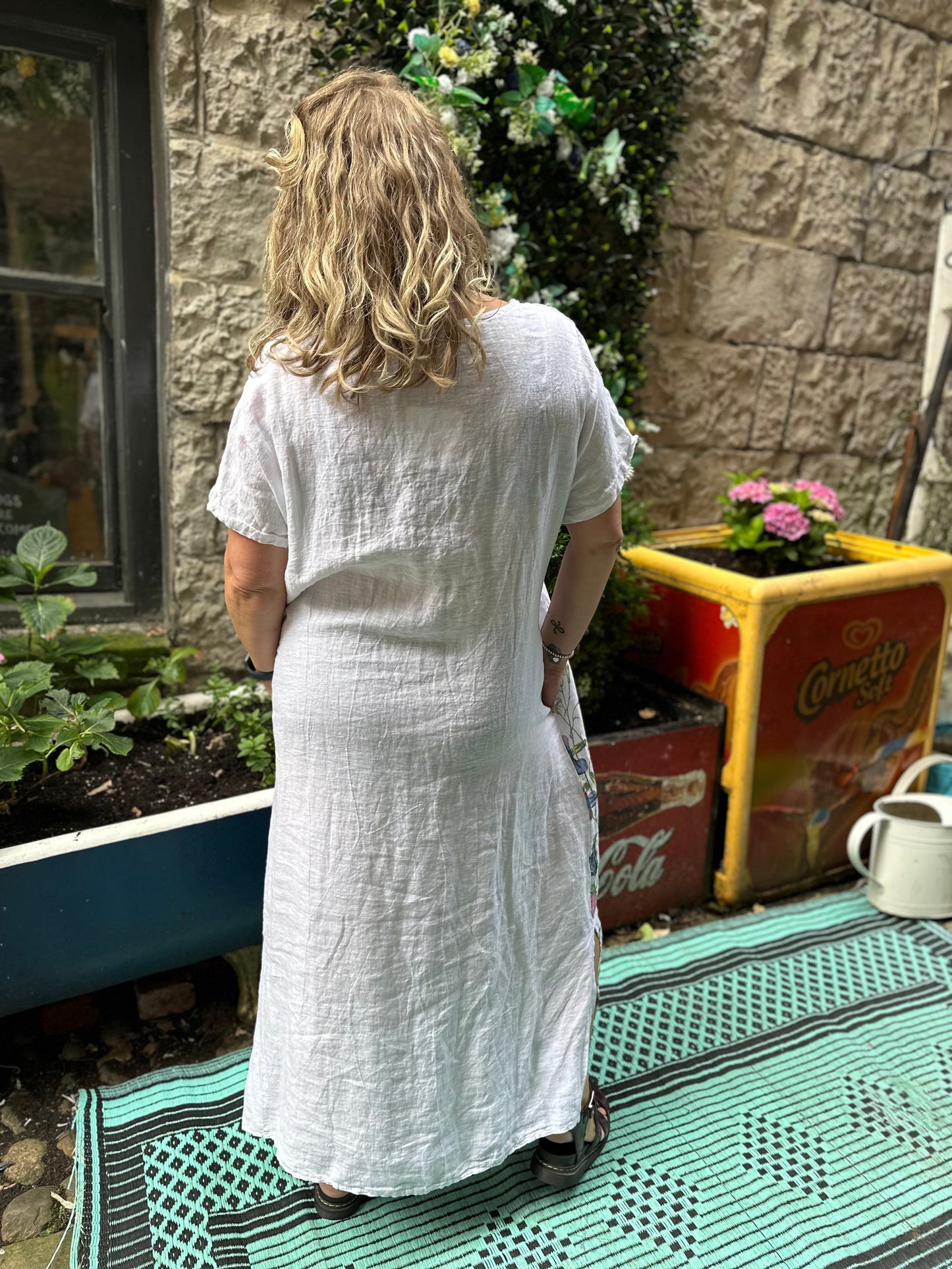 Pure Linen Amouka Long Floral Detail Dress with Slanted Pockets Fits Size 12-20