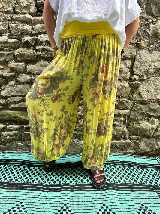 Floral yellow Harem Yoga Trousers One Size Fits UK 10-22