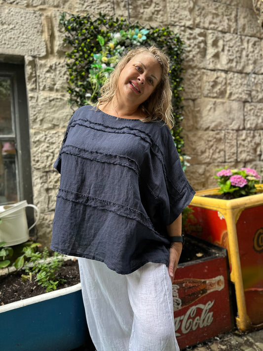 Pure Linen Amouka Navy Top Fits Size 8-20