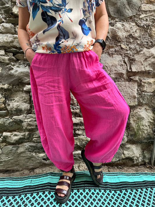 Pure Linen Kuiza Trousers In Fuchsia Pink Size 8-20