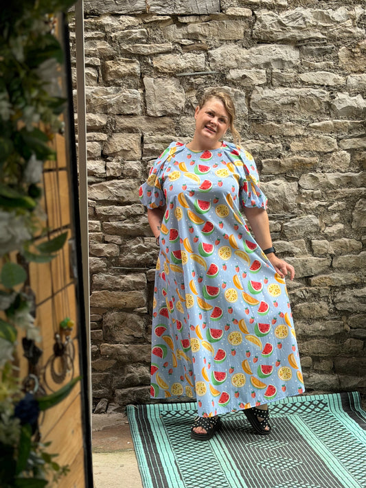 Stunning Long Melon Print Maxi Dress One Size Fit Sz 10-18