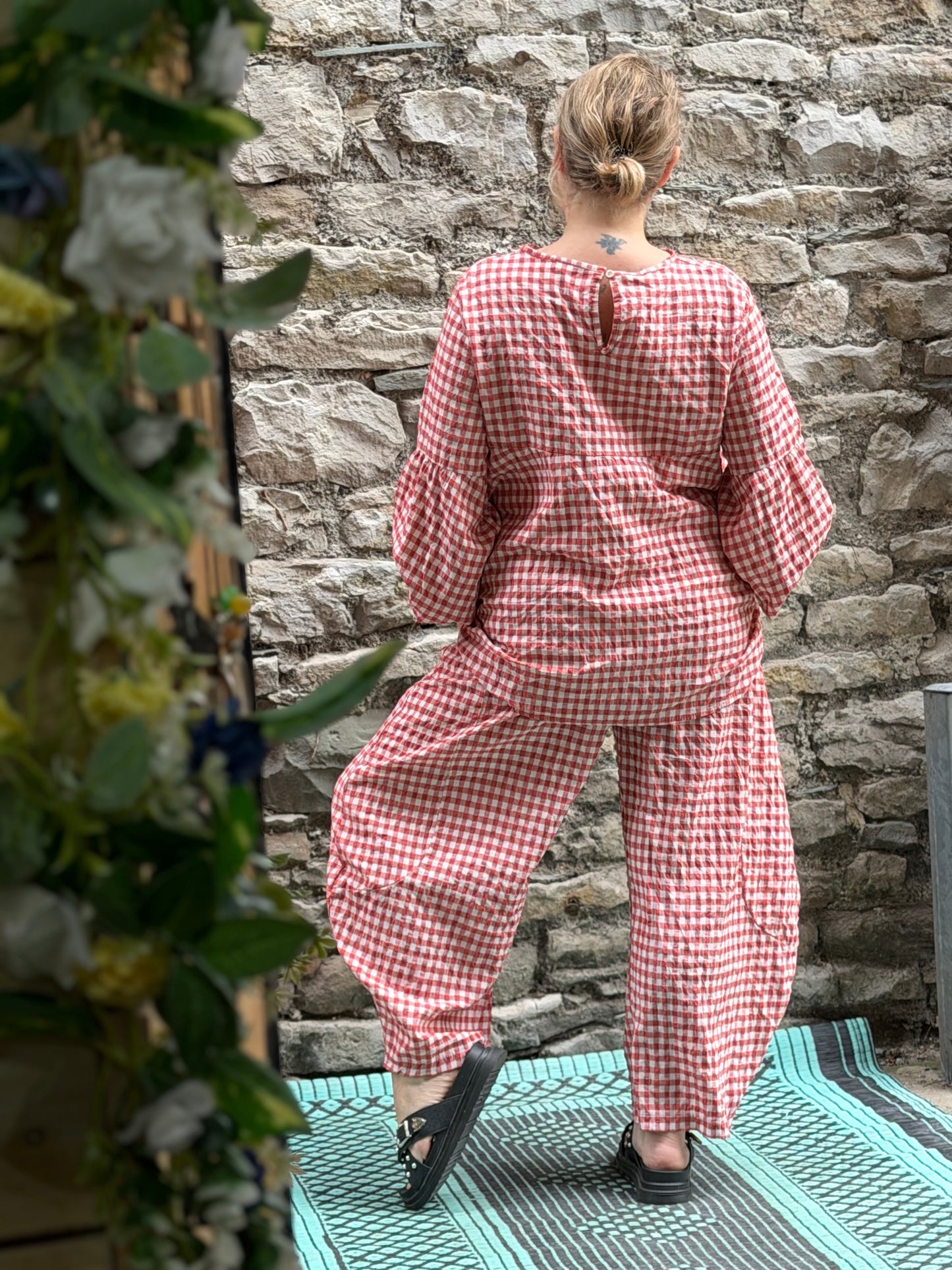 Tama Gingham Barrel Set Top Trousers In Tomato Red One Size Fits Size 8-18