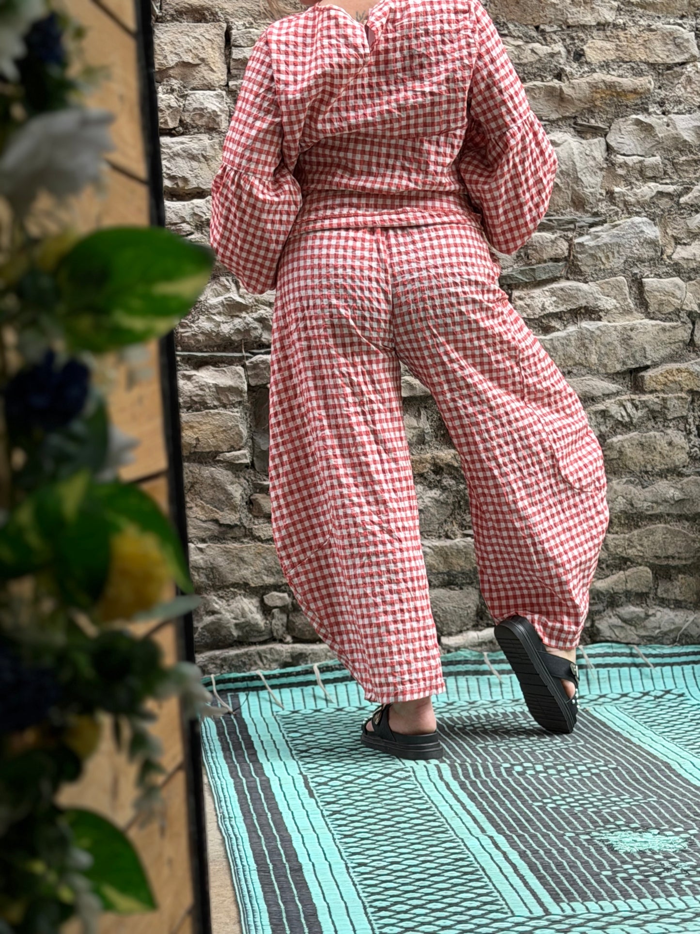 Tama Gingham Barrel Set Top Trousers In Tomato Red One Size Fits Size 8-18