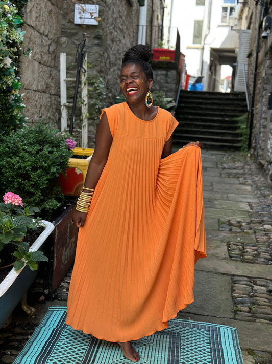 Stunning Orange Long Atouke Pleated Dress Fits Size 12-24