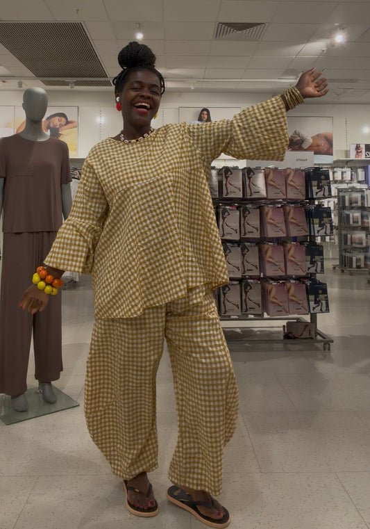 Tama Gingham Barrel Set Top Trousers In Mustard One Size Fits Size 8-18