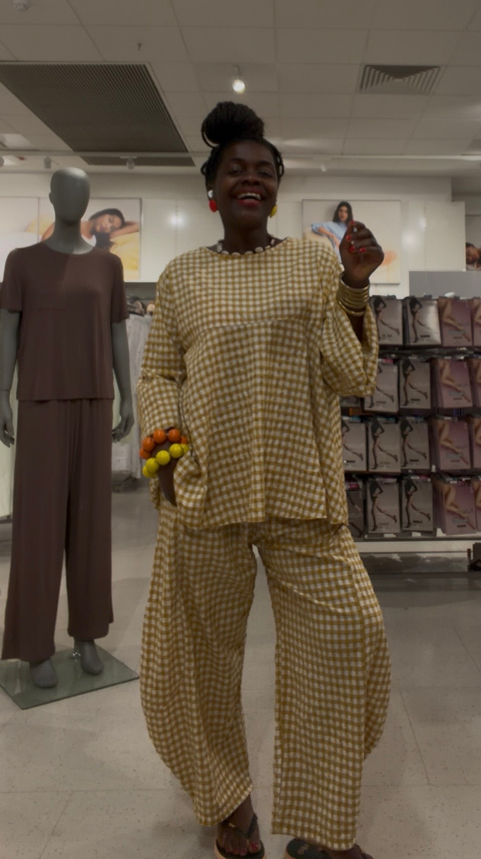 Tama Gingham Barrel Set Top Trousers In Mustard One Size Fits Size 8-18