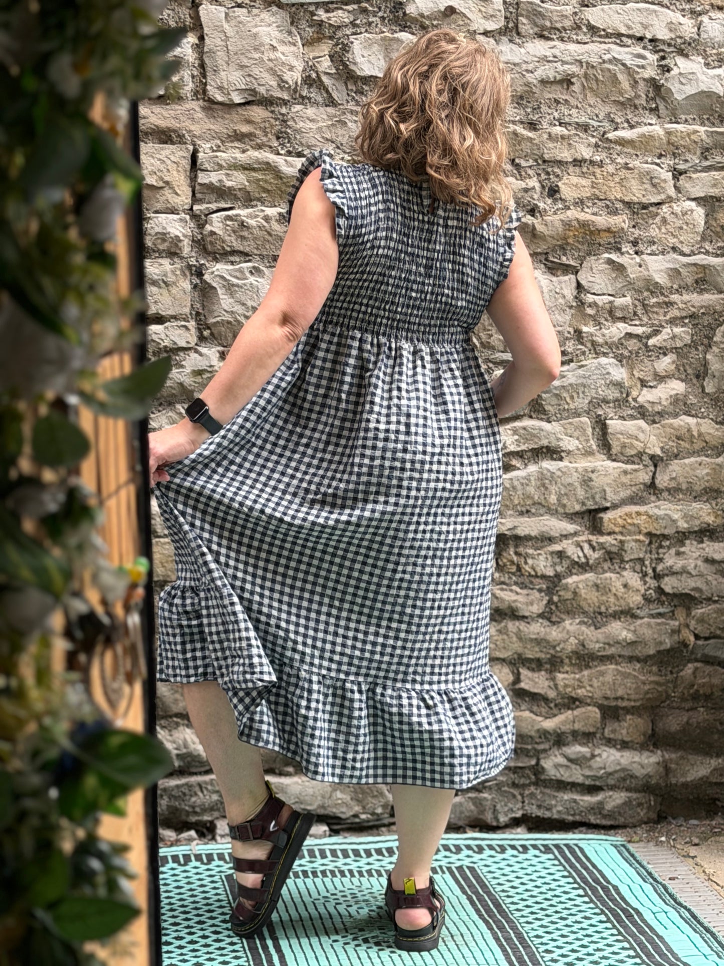 Tama Collection Gingham Shirred Bust Pocket Dress Fit Size 10-20 In Navy