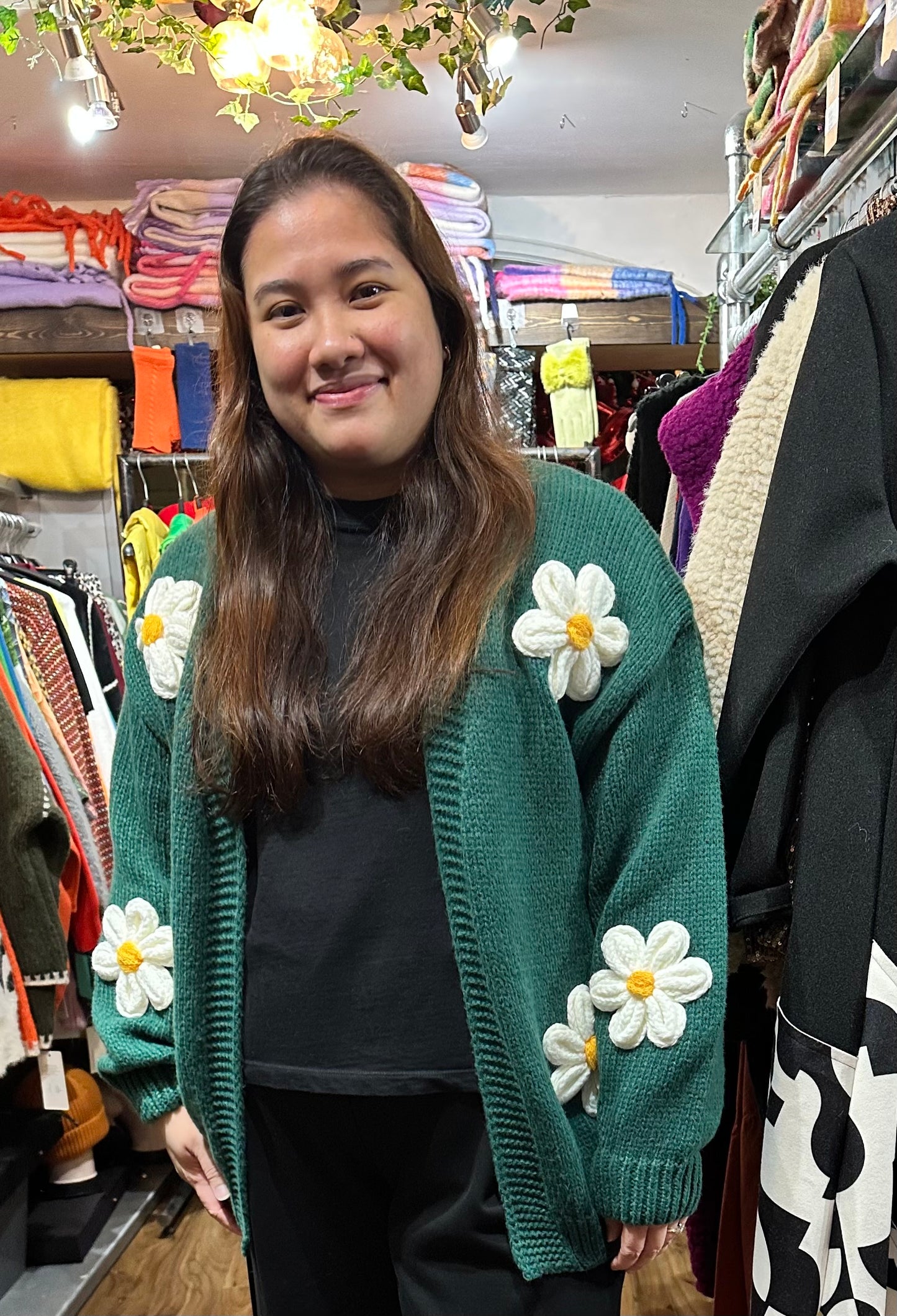 Stunning Soft Knit Daisy Moo Cardigan In Bottle Green Size M/L