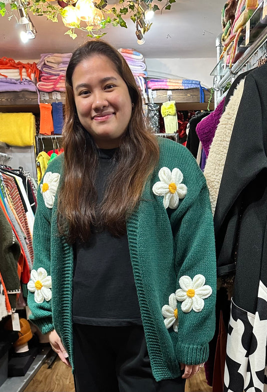 Stunning Soft Knit Daisy Moo Cardigan In Bottle Green Size M/L