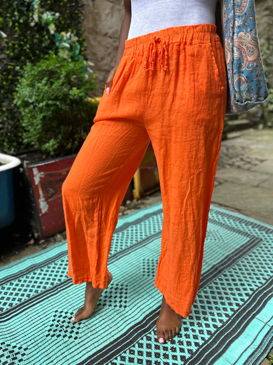 Pure Linen AKouna Trousers In Bright Orange Size 8-14