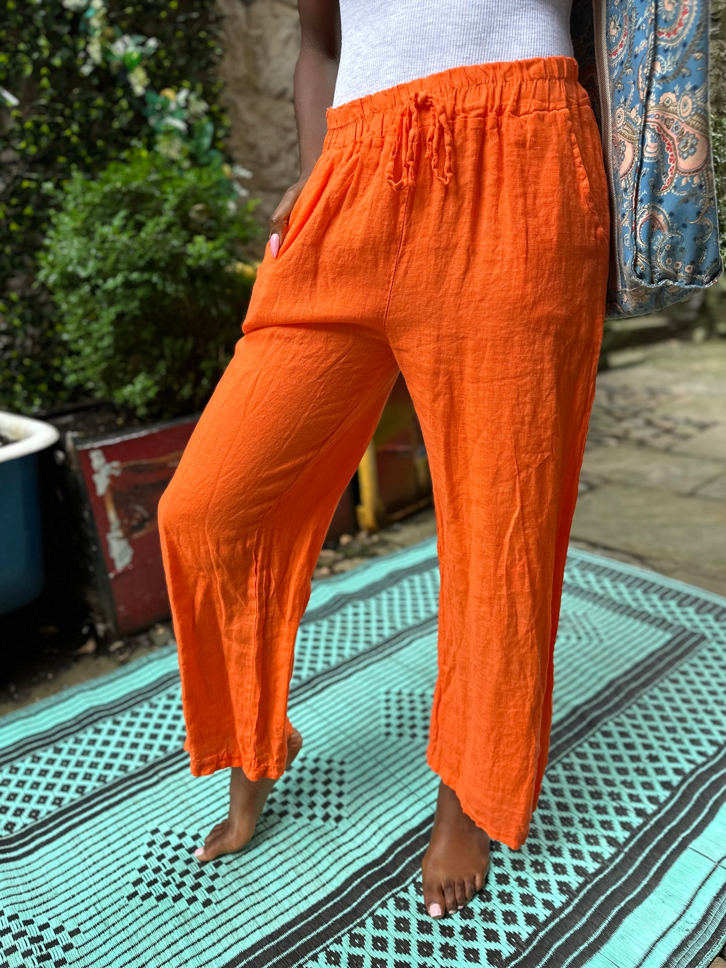 Pure Linen AKouna Trousers In Bright Orange Size 8-14