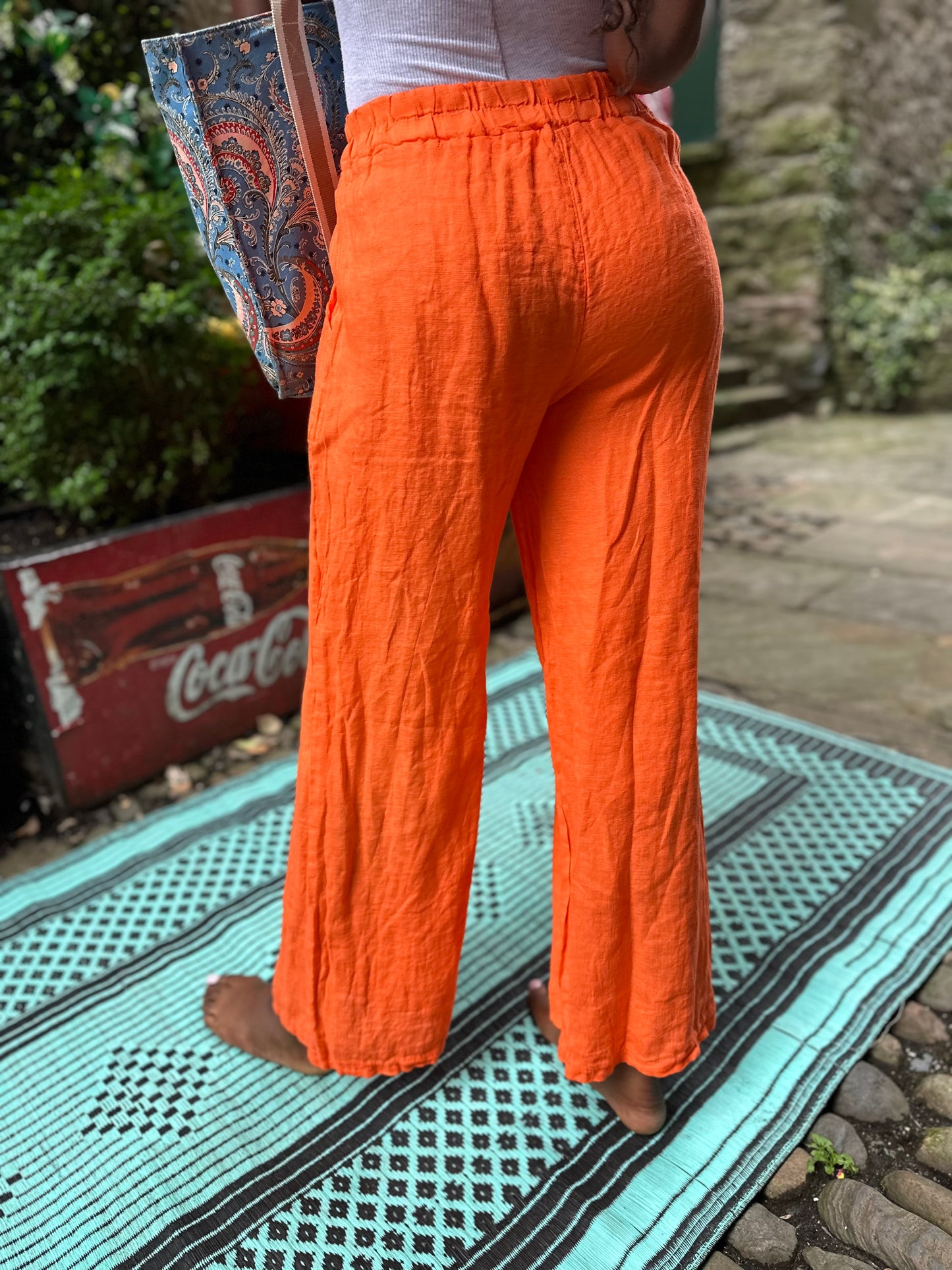 Pure Linen AKouna Trousers In Bright Orange Size 8-14