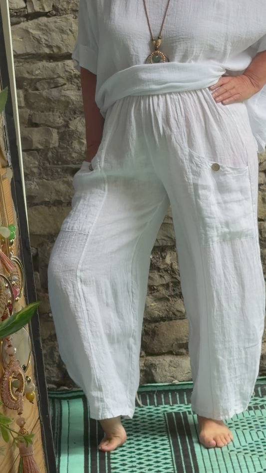 Pure Linen Two Pockets White Linen Trousers Fits Size 10-18